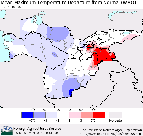 Central Asia Mean Maximum Temperature Departure from Normal (WMO) Thematic Map For 7/4/2022 - 7/10/2022