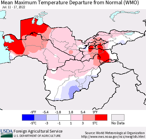Central Asia Mean Maximum Temperature Departure from Normal (WMO) Thematic Map For 7/11/2022 - 7/17/2022