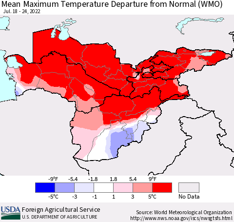 Central Asia Mean Maximum Temperature Departure from Normal (WMO) Thematic Map For 7/18/2022 - 7/24/2022