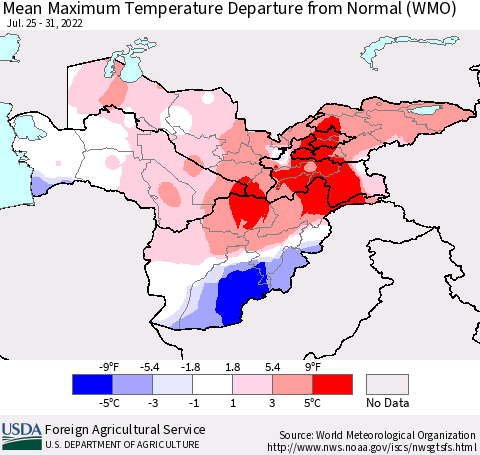 Central Asia Mean Maximum Temperature Departure from Normal (WMO) Thematic Map For 7/25/2022 - 7/31/2022