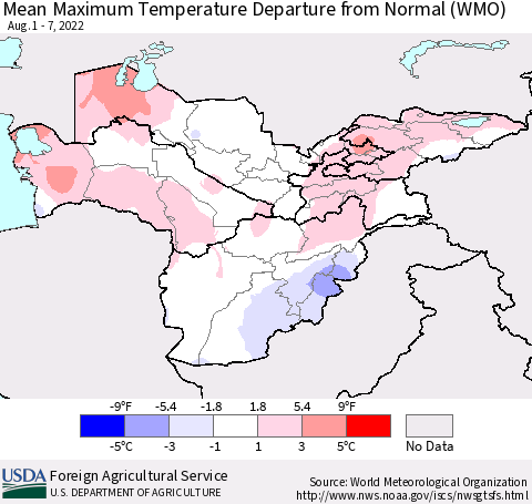 Central Asia Mean Maximum Temperature Departure from Normal (WMO) Thematic Map For 8/1/2022 - 8/7/2022
