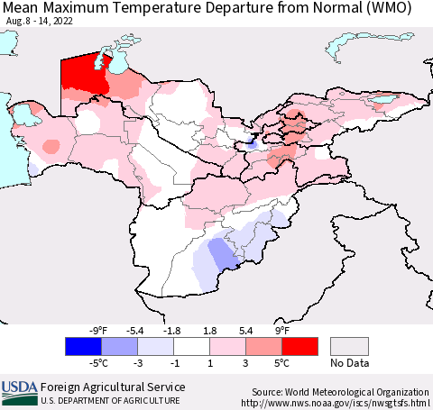 Central Asia Mean Maximum Temperature Departure from Normal (WMO) Thematic Map For 8/8/2022 - 8/14/2022