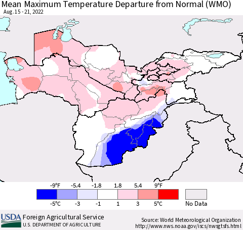 Central Asia Mean Maximum Temperature Departure from Normal (WMO) Thematic Map For 8/15/2022 - 8/21/2022