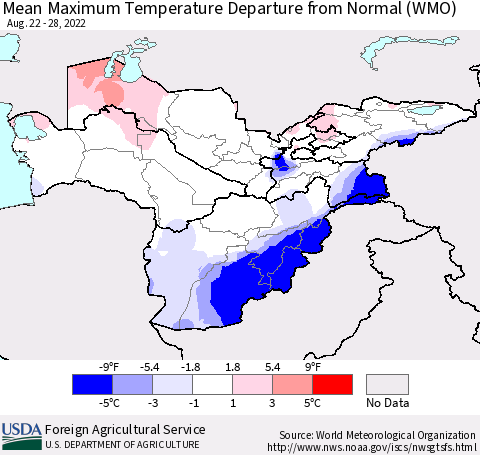 Central Asia Mean Maximum Temperature Departure from Normal (WMO) Thematic Map For 8/22/2022 - 8/28/2022