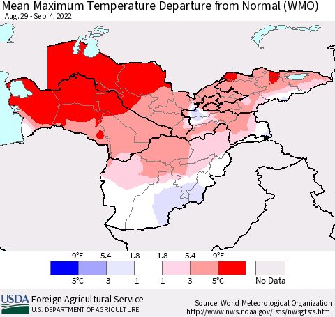 Central Asia Mean Maximum Temperature Departure from Normal (WMO) Thematic Map For 8/29/2022 - 9/4/2022