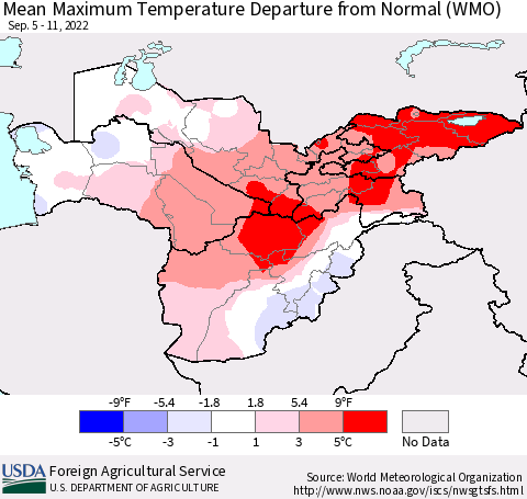 Central Asia Mean Maximum Temperature Departure from Normal (WMO) Thematic Map For 9/5/2022 - 9/11/2022