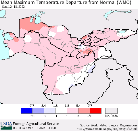 Central Asia Mean Maximum Temperature Departure from Normal (WMO) Thematic Map For 9/12/2022 - 9/18/2022