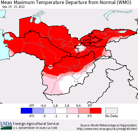 Central Asia Mean Maximum Temperature Departure from Normal (WMO) Thematic Map For 9/19/2022 - 9/25/2022