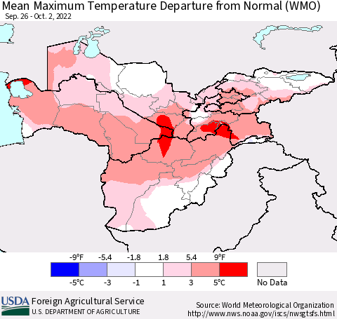 Central Asia Mean Maximum Temperature Departure from Normal (WMO) Thematic Map For 9/26/2022 - 10/2/2022