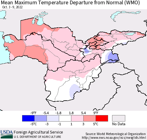Central Asia Mean Maximum Temperature Departure from Normal (WMO) Thematic Map For 10/3/2022 - 10/9/2022