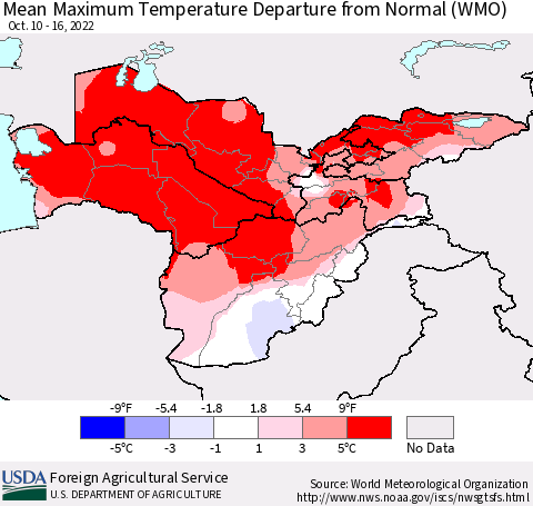 Central Asia Mean Maximum Temperature Departure from Normal (WMO) Thematic Map For 10/10/2022 - 10/16/2022