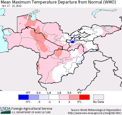 Central Asia Mean Maximum Temperature Departure from Normal (WMO) Thematic Map For 10/17/2022 - 10/23/2022