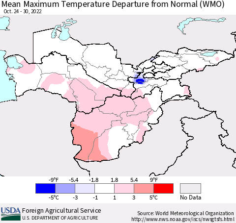 Central Asia Mean Maximum Temperature Departure from Normal (WMO) Thematic Map For 10/24/2022 - 10/30/2022