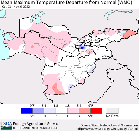 Central Asia Mean Maximum Temperature Departure from Normal (WMO) Thematic Map For 10/31/2022 - 11/6/2022