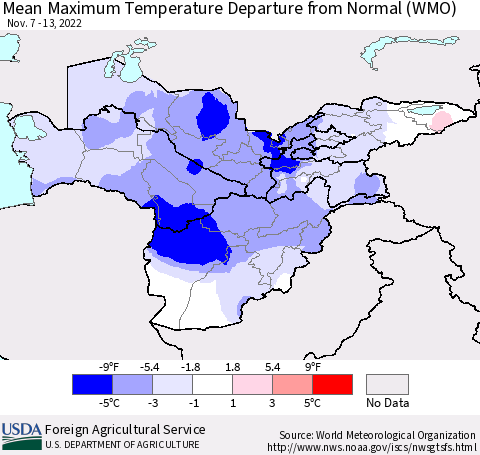 Central Asia Mean Maximum Temperature Departure from Normal (WMO) Thematic Map For 11/7/2022 - 11/13/2022