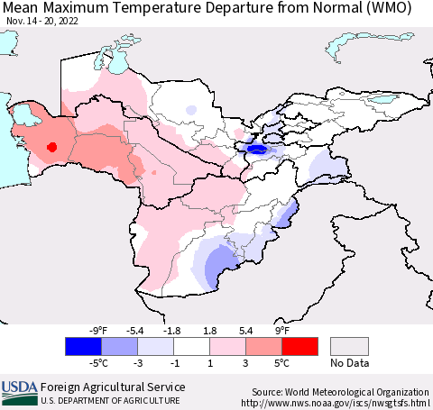 Central Asia Mean Maximum Temperature Departure from Normal (WMO) Thematic Map For 11/14/2022 - 11/20/2022