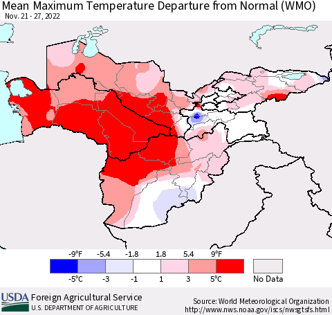 Central Asia Mean Maximum Temperature Departure from Normal (WMO) Thematic Map For 11/21/2022 - 11/27/2022