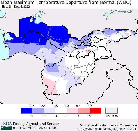 Central Asia Mean Maximum Temperature Departure from Normal (WMO) Thematic Map For 11/28/2022 - 12/4/2022