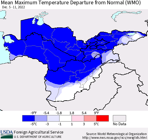 Central Asia Mean Maximum Temperature Departure from Normal (WMO) Thematic Map For 12/5/2022 - 12/11/2022