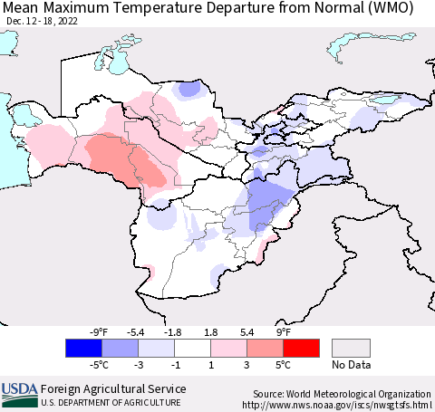 Central Asia Mean Maximum Temperature Departure from Normal (WMO) Thematic Map For 12/12/2022 - 12/18/2022