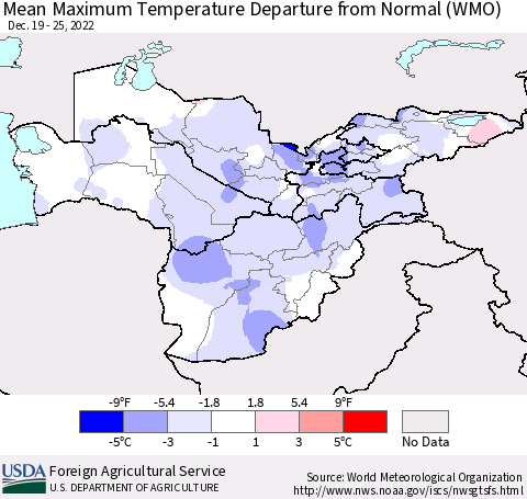 Central Asia Mean Maximum Temperature Departure from Normal (WMO) Thematic Map For 12/19/2022 - 12/25/2022