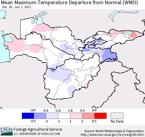 Central Asia Mean Maximum Temperature Departure from Normal (WMO) Thematic Map For 12/26/2022 - 1/1/2023