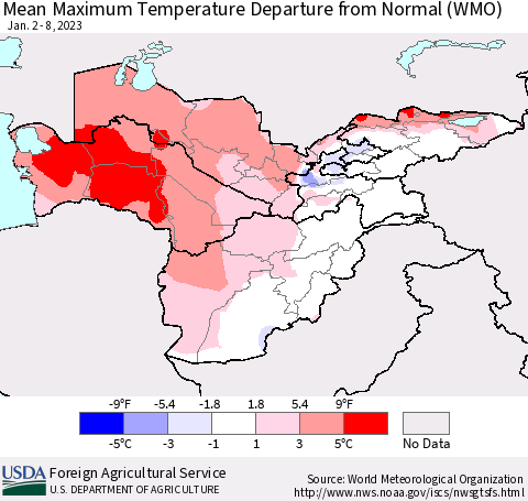 Central Asia Mean Maximum Temperature Departure from Normal (WMO) Thematic Map For 1/2/2023 - 1/8/2023