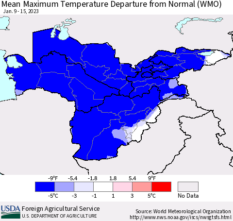 Central Asia Mean Maximum Temperature Departure from Normal (WMO) Thematic Map For 1/9/2023 - 1/15/2023