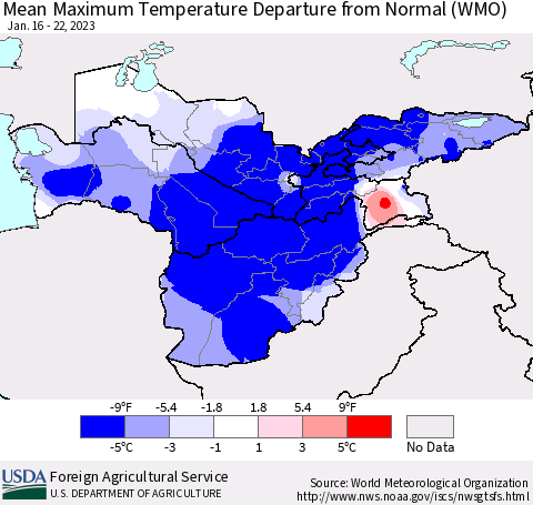 Central Asia Mean Maximum Temperature Departure from Normal (WMO) Thematic Map For 1/16/2023 - 1/22/2023