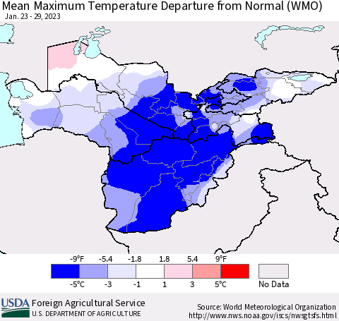 Central Asia Mean Maximum Temperature Departure from Normal (WMO) Thematic Map For 1/23/2023 - 1/29/2023