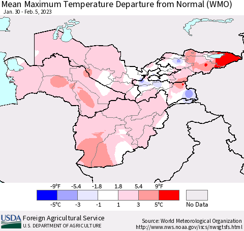 Central Asia Mean Maximum Temperature Departure from Normal (WMO) Thematic Map For 1/30/2023 - 2/5/2023