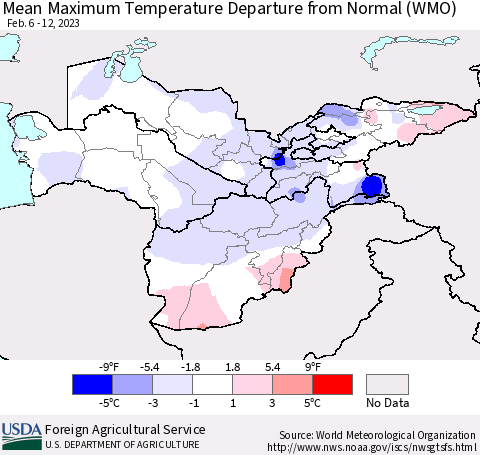 Central Asia Mean Maximum Temperature Departure from Normal (WMO) Thematic Map For 2/6/2023 - 2/12/2023