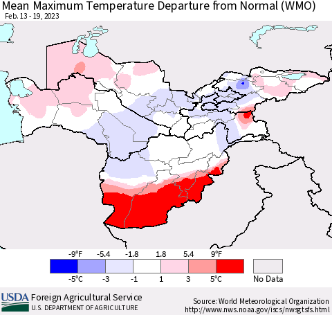 Central Asia Mean Maximum Temperature Departure from Normal (WMO) Thematic Map For 2/13/2023 - 2/19/2023