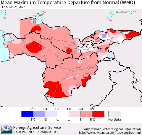 Central Asia Mean Maximum Temperature Departure from Normal (WMO) Thematic Map For 2/20/2023 - 2/26/2023