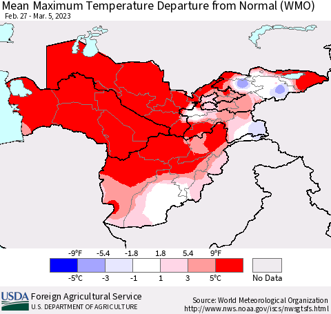 Central Asia Mean Maximum Temperature Departure from Normal (WMO) Thematic Map For 2/27/2023 - 3/5/2023