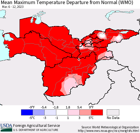 Central Asia Mean Maximum Temperature Departure from Normal (WMO) Thematic Map For 3/6/2023 - 3/12/2023