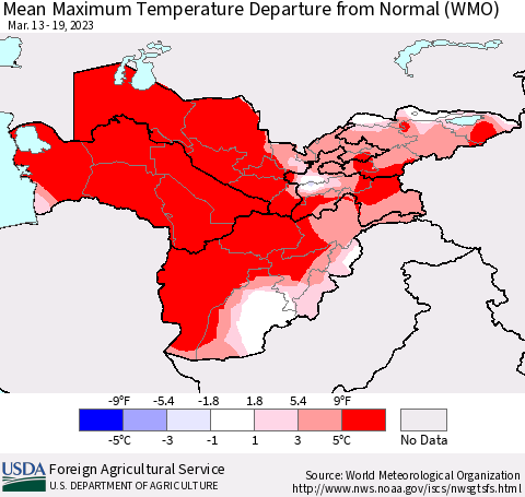 Central Asia Mean Maximum Temperature Departure from Normal (WMO) Thematic Map For 3/13/2023 - 3/19/2023