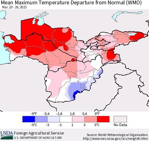 Central Asia Mean Maximum Temperature Departure from Normal (WMO) Thematic Map For 3/20/2023 - 3/26/2023
