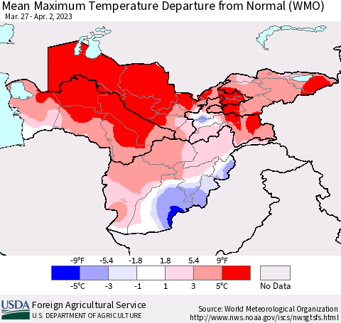 Central Asia Mean Maximum Temperature Departure from Normal (WMO) Thematic Map For 3/27/2023 - 4/2/2023