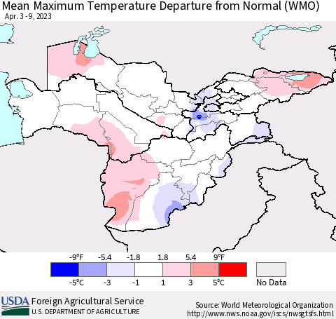 Central Asia Mean Maximum Temperature Departure from Normal (WMO) Thematic Map For 4/3/2023 - 4/9/2023