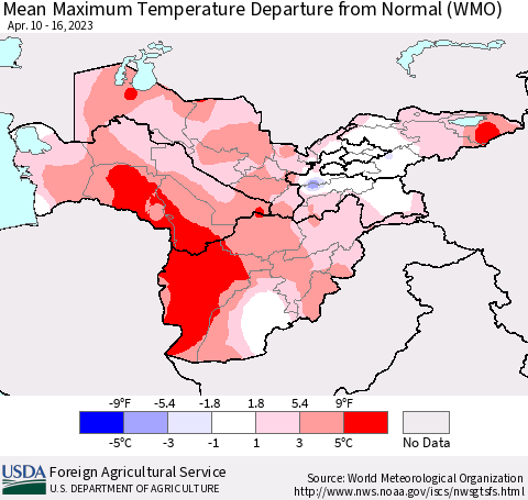 Central Asia Mean Maximum Temperature Departure from Normal (WMO) Thematic Map For 4/10/2023 - 4/16/2023