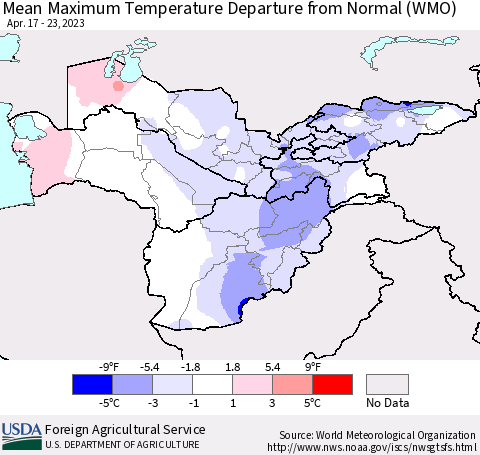 Central Asia Mean Maximum Temperature Departure from Normal (WMO) Thematic Map For 4/17/2023 - 4/23/2023