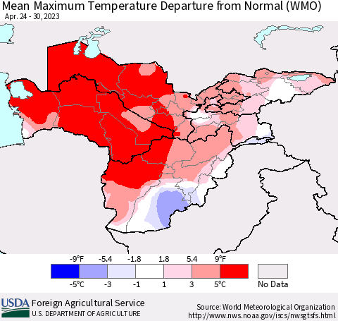 Central Asia Mean Maximum Temperature Departure from Normal (WMO) Thematic Map For 4/24/2023 - 4/30/2023