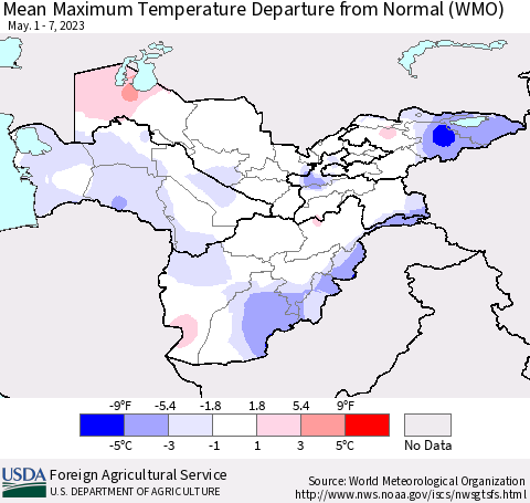 Central Asia Mean Maximum Temperature Departure from Normal (WMO) Thematic Map For 5/1/2023 - 5/7/2023