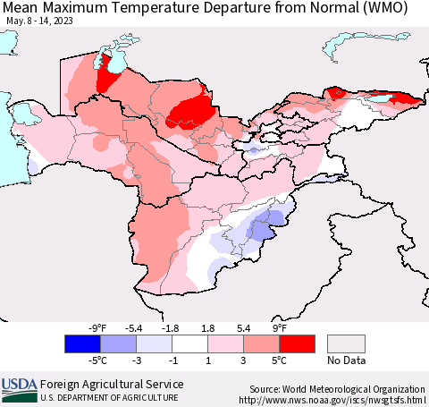 Central Asia Mean Maximum Temperature Departure from Normal (WMO) Thematic Map For 5/8/2023 - 5/14/2023