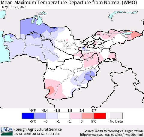 Central Asia Mean Maximum Temperature Departure from Normal (WMO) Thematic Map For 5/15/2023 - 5/21/2023