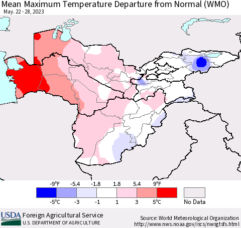 Central Asia Mean Maximum Temperature Departure from Normal (WMO) Thematic Map For 5/22/2023 - 5/28/2023