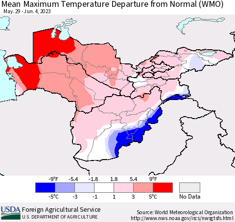 Central Asia Mean Maximum Temperature Departure from Normal (WMO) Thematic Map For 5/29/2023 - 6/4/2023