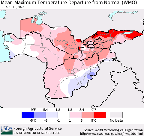Central Asia Mean Maximum Temperature Departure from Normal (WMO) Thematic Map For 6/5/2023 - 6/11/2023