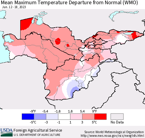 Central Asia Mean Maximum Temperature Departure from Normal (WMO) Thematic Map For 6/12/2023 - 6/18/2023